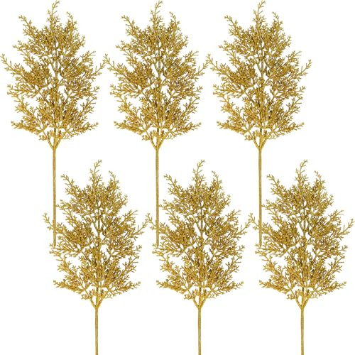 Winlyn 6 Pcs Gold Glitter Artificial Cedar Spray Christmas Floral Arrangements Branches Faux Cedar Pine Stems Gold Christmas Tree Picks 19.5" H for Wedding Bouquet Wreath Holiday Xmas Tree Decoration | Amazon (US)