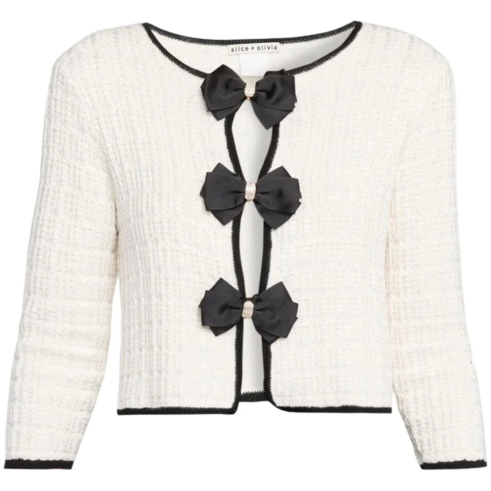 alice + olivia Akira Bow Knit Cardigan, Soft White/Black | Shop Simon