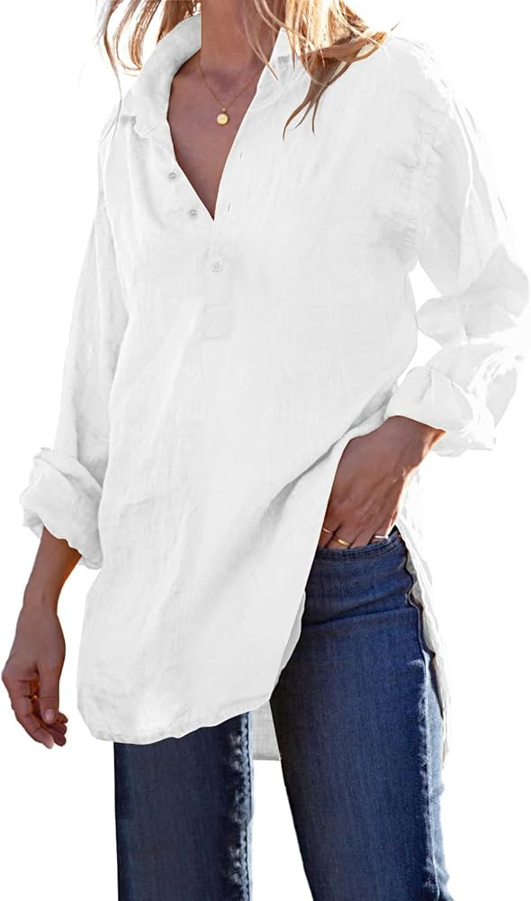 Pretifeel Womens Cotton Linen Tunic Shirts Button Down Long Sleeve Blouse Tops Beach Cover Up | Amazon (US)