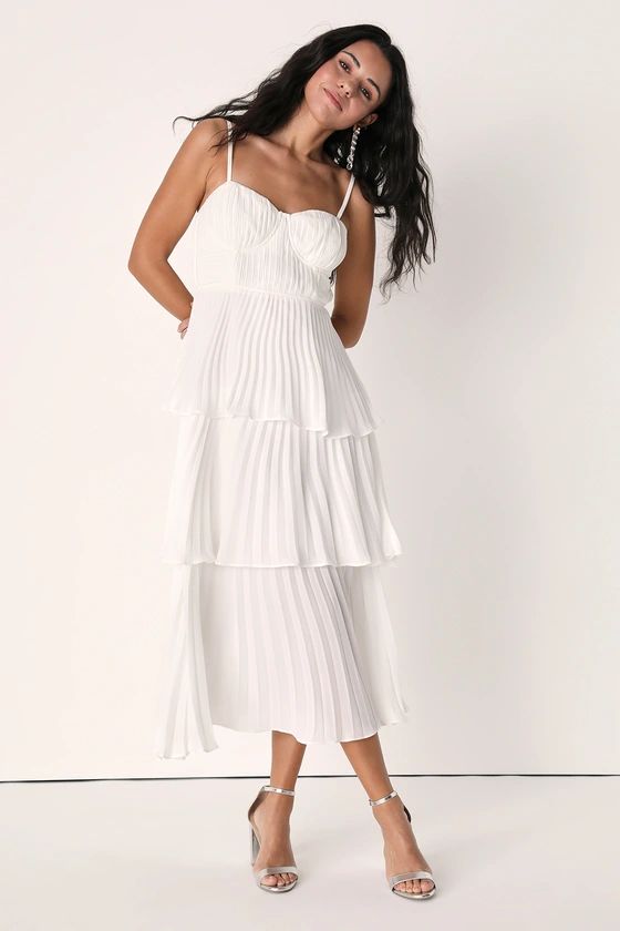 Cascading Crush White Tiered Bustier Midi Dress | Lulus