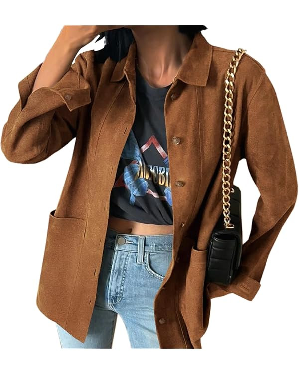 Tankaneo Womens Faux Suede Jackets Button Down Long Sleeve Shackets Coat Trendy 2025 Spring Cloth... | Amazon (US)