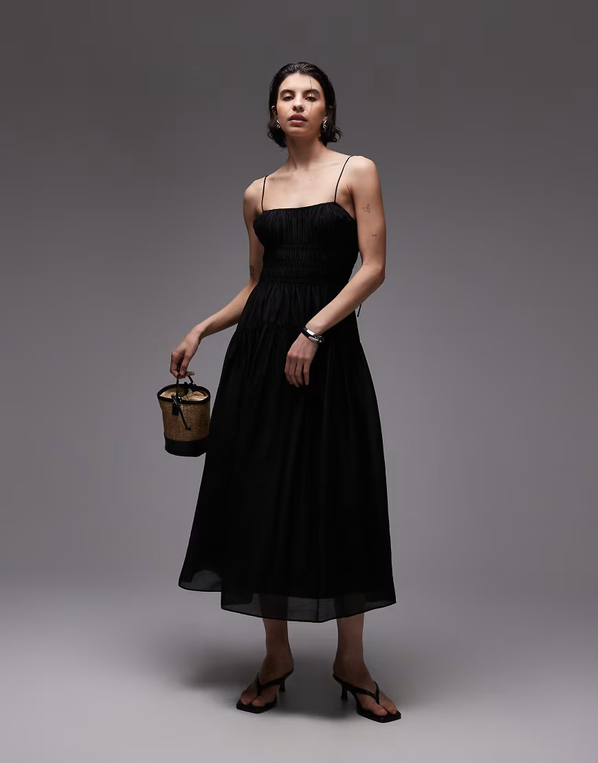 & Other Stories milkmaid midi dress with smocking and spaghetti straps in black | ASOS (Global)