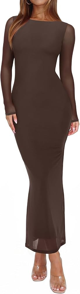 REORIA Women's Fall Mesh Sheer Long Sleeve Wedding Guest Dress Sexy Floral Bodycon Maxi Long Dres... | Amazon (US)