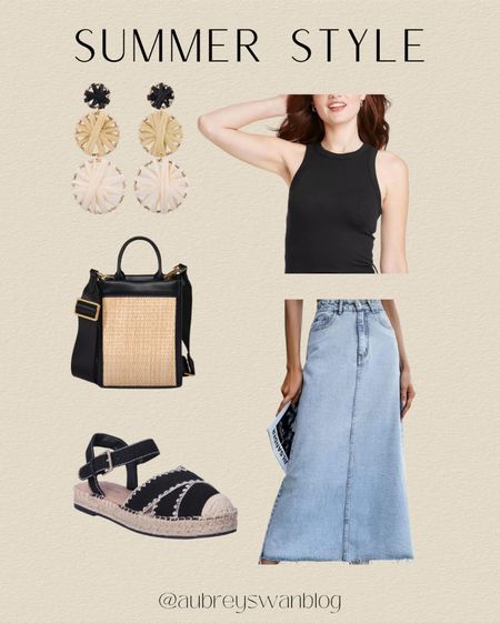 Summer Style! I love this style and that it can be styled with other items you most likely own in your closet! 

Long denim skirt, mini boxy tote handbag, A New Day high ribbed tank top, Time and Tru Womens espadrille flats, Time and Tru earrings 
