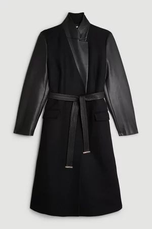 Plus Size Italian Wool Pu Contrast Detail Belted Coat | Karen Millen UK + IE + DE + NL