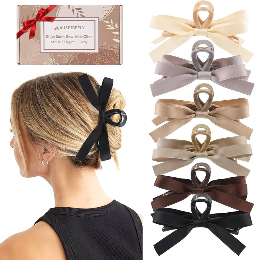 Auseibeely 6 PCS Silky Satin Bow Hair Clips, Non-Slip Clips for Thin and Thick Hair, Bows for Wom... | Amazon (US)