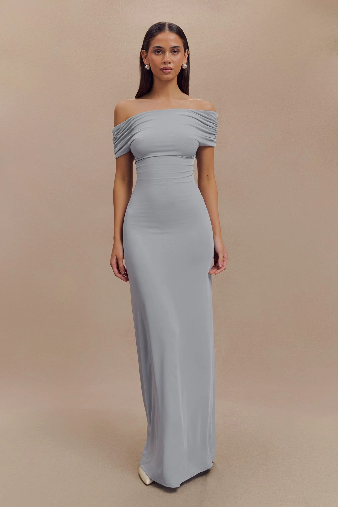 Imogen Off Shoulder Slinky Maxi Dress - Dusty Blue | MESHKI US