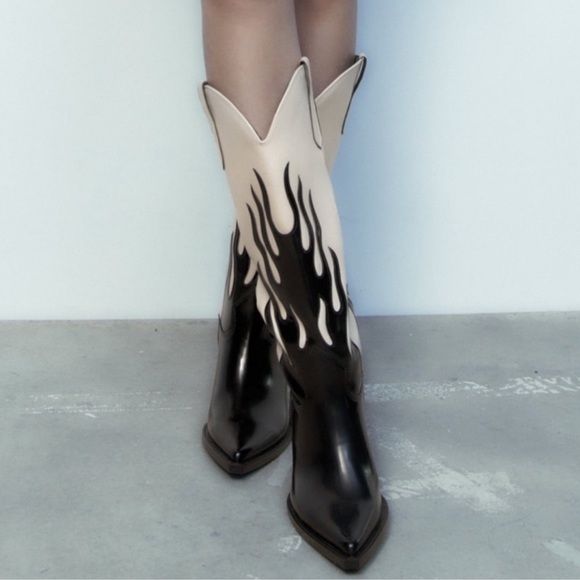 ZARA Contrast Flames Cowboy Boots Size 37/7.5 | Poshmark