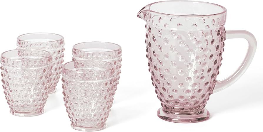 Martha Stewart Chauncey 5-Piece Handmade Hobnail Pitcher and Glassware Set, Pink | Amazon (US)