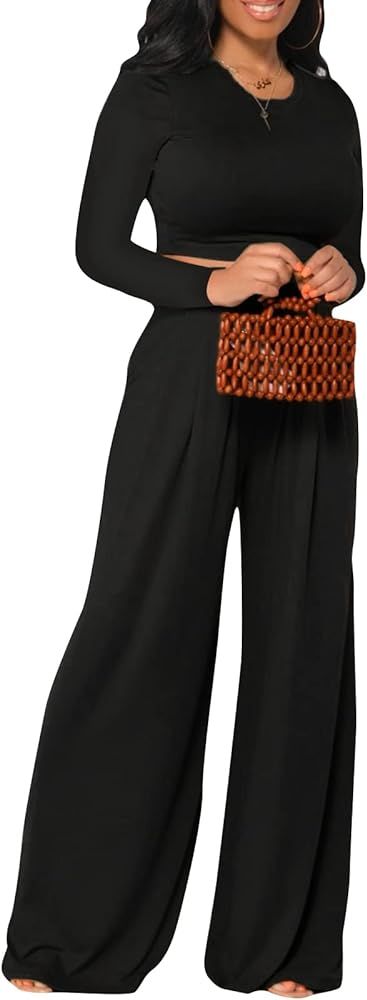 Women's Casual Summer 2 Piece Outfits Short Sleeve Crop Top Wide Leg Pants Set Jumpsuits | Amazon (US)