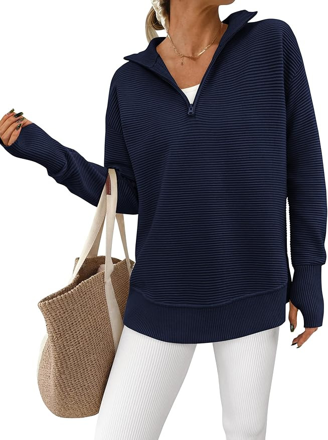 PRETTYGARDEN Womens Long Sleeve Quarter Zip Pullover Sweater Casual Loose V Neck Collared Ribbed ... | Amazon (US)