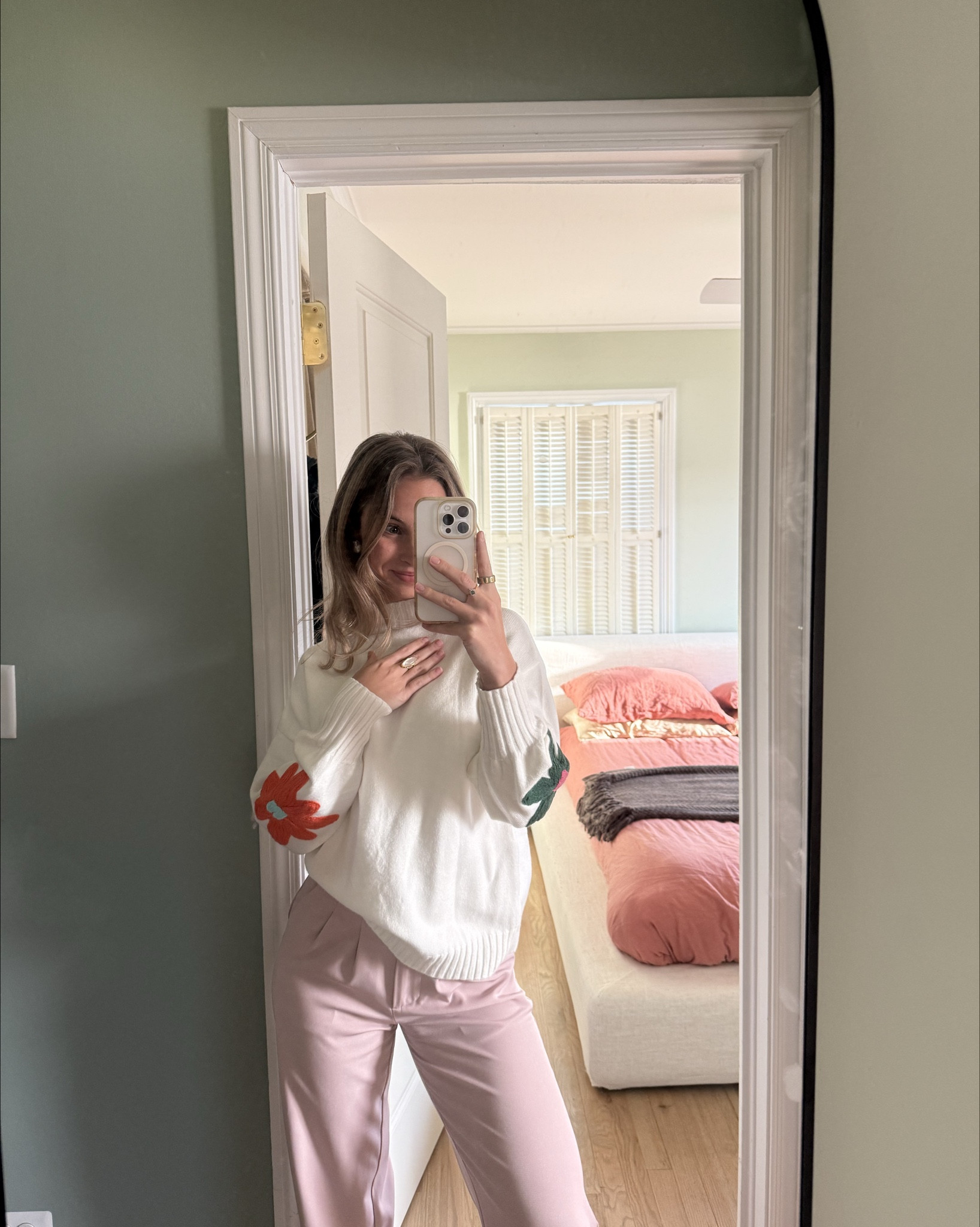 Spring teacher ootd!! (I usually wear this sweater backwards?? But I find it so cute with the flowers on the back 