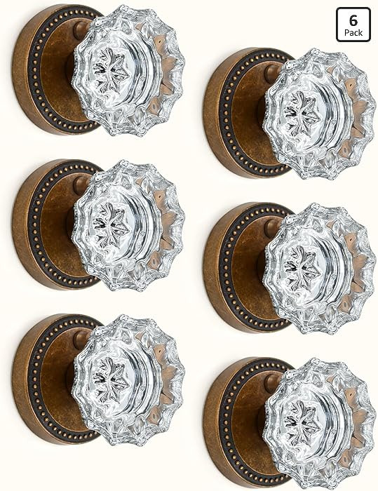 Asidrama 6 Pack Privacy Antique Brass Crystal Door Knob with Lock, Vintage Antique Brass Glass Do... | Amazon (US)