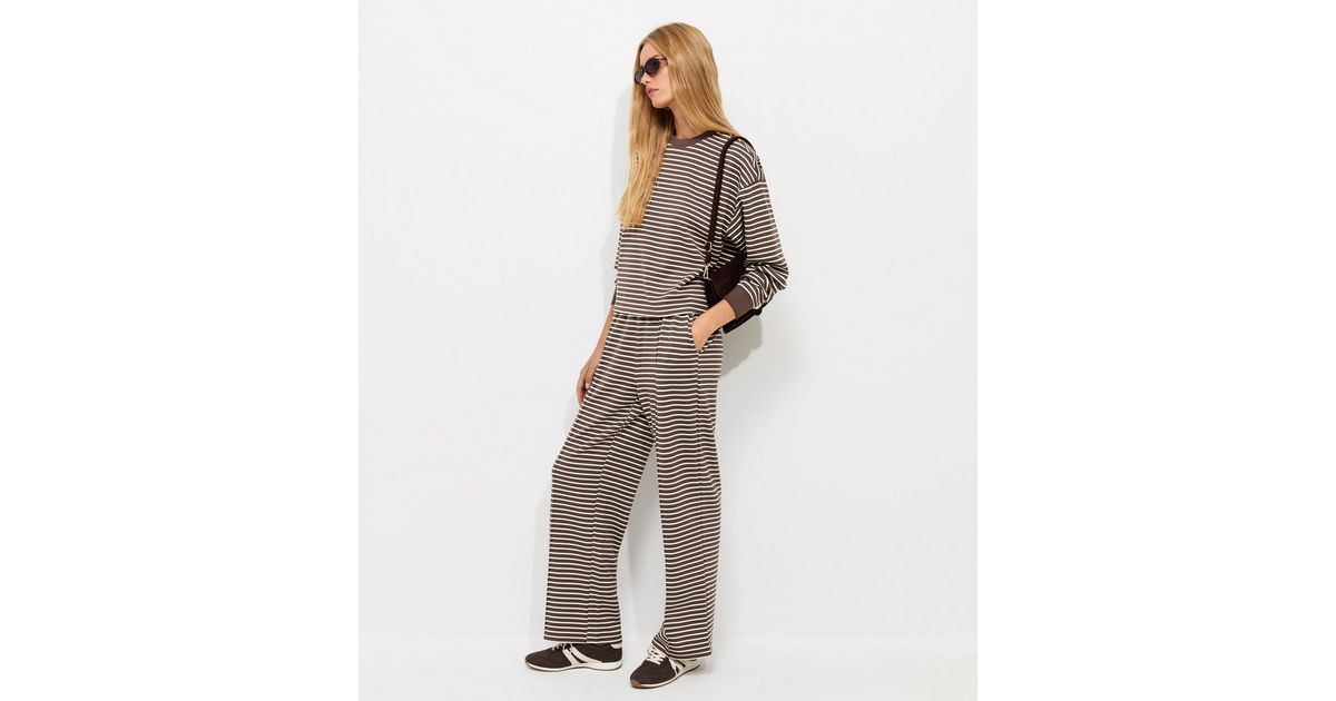 Premium Brown Striped Wide Leg Jogger Trousers | New Look (UK)