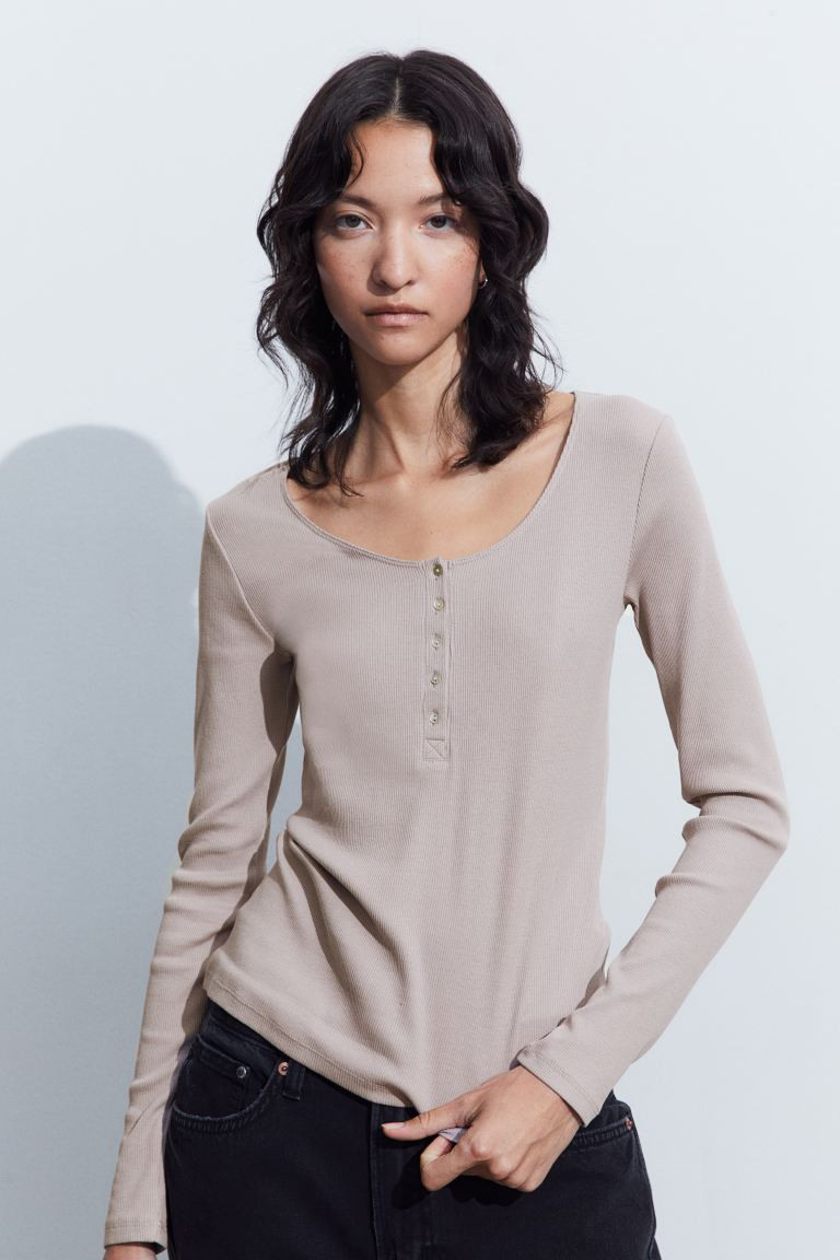 Ribbed Henley Shirt - Light taupe - Ladies | H&M US | H&M (US + CA)