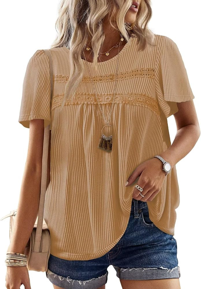 Womens Summer Tops Crewneck Short Sleeve Striped Shirts Casual Ribbed Blouses Flowy Hem Boho Clot... | Amazon (US)