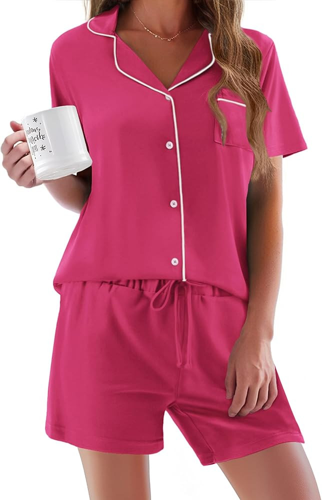 Ekouaer Pajamas Set for Women Short Sleeve Sleepwear Button Down Pjs Soft 2 Piece Lounge Sets XS-... | Amazon (US)