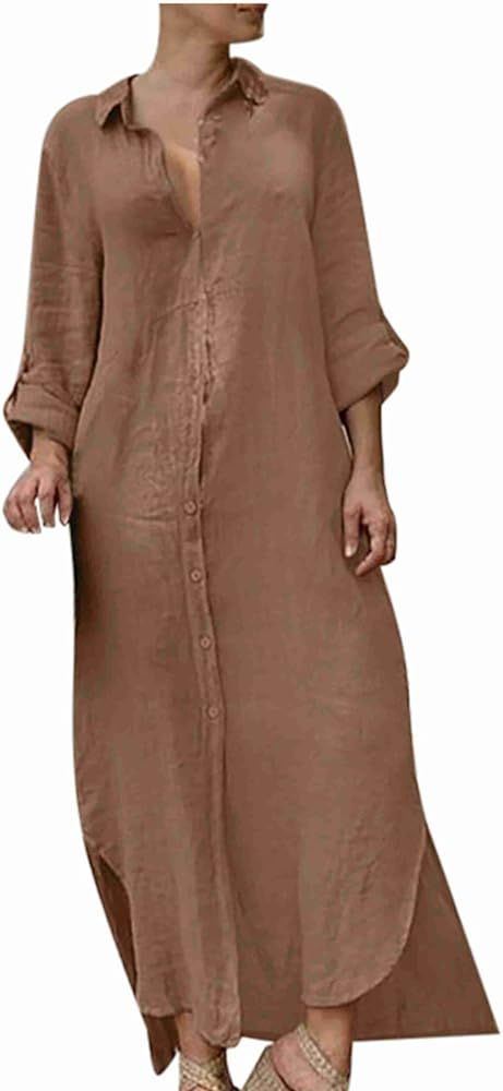 Lightweight Comfy Cotton Linen Dress Women's Half Sleeve Solid Button Down Loose Shirt Dress Fall... | Amazon (US)