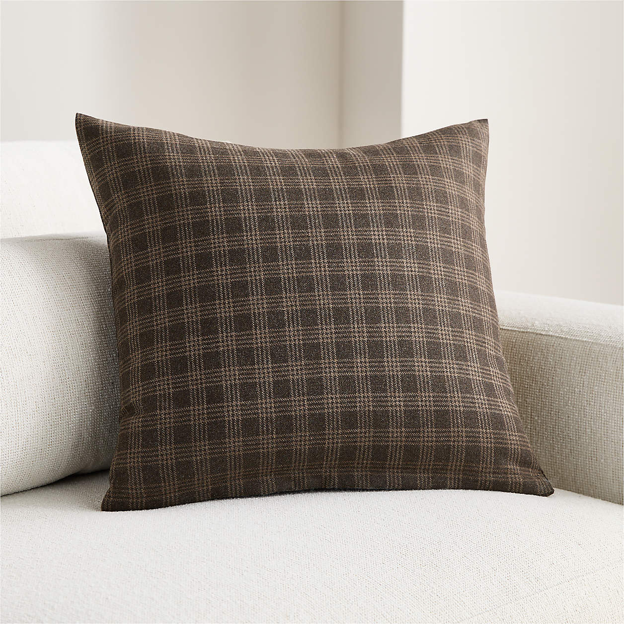 Roberto Italian Wool Blend Plaid 20"x20" Deep Brown Throw Pillow Cover | Crate & Barrel | Crate & Barrel