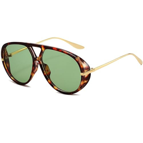 SevenColor Trendy Oversized Aviator Sunglasses for Women Men Retro Big Round Shield Sun Glasses Vintage Shades (Tortoise/Green) | Amazon (US)