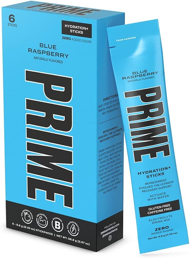 Prime Hydration+ Stick Pack | BLUE RASPBERRY | 6 Sticks | Electrolyte Drink Mix | 10% Coconut Wat... | Amazon (US)