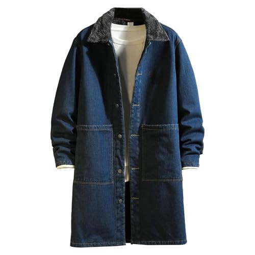 Long Denim Trench Coat For Men Casual Jeans Jacket Mid Length Outerwear Retro Autumn Winter Lapel Style Blue- X-Large | Amazon (US)