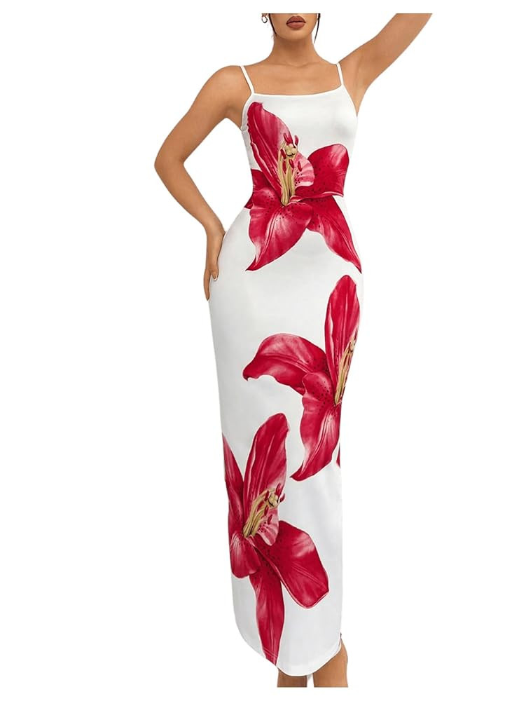 Verdusa Women's Floral Print Summer Backless Bodycon Cami Dresses Flowy Knitted Maxi Dress | Amazon (US)