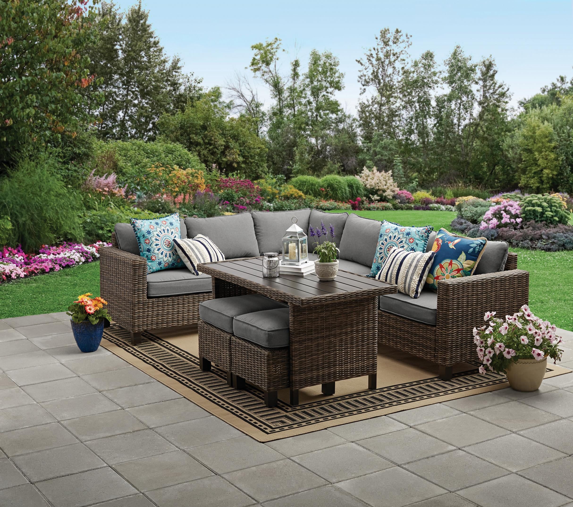 Better Homes & Gardens Brookbury 5-Piece Patio Wicker Sectional Set with Gray Cushions | Walmart (US)