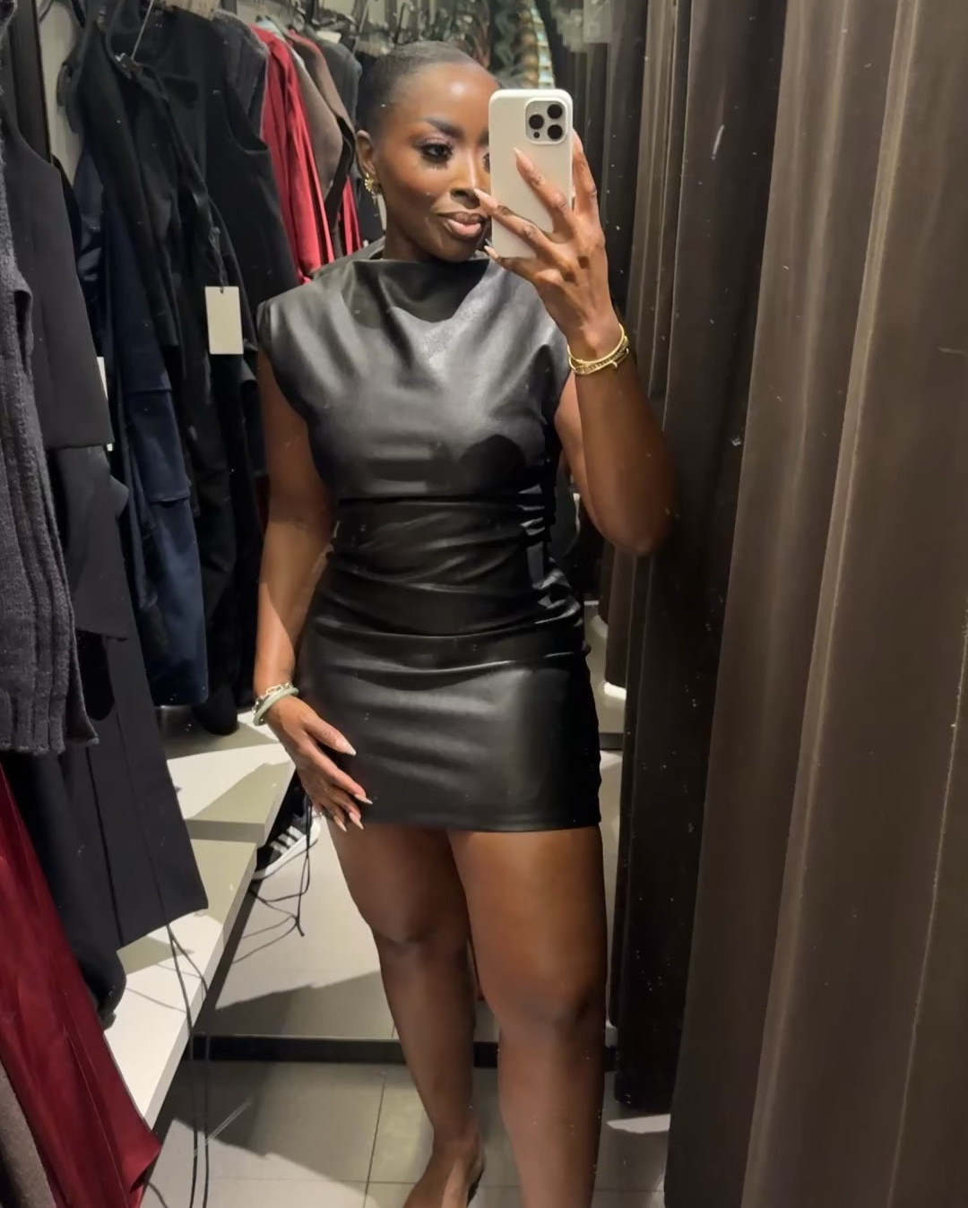 Loving this black faux leather mini dress from Zara. Wearing a L and it has a nice stretch! Cute for family photos or holiday photos. 

#LTKFindsUnder100 #LTKBeauty #LTKStyleTip
