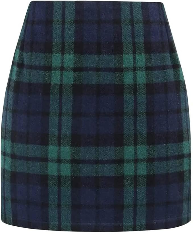 Kinghua Womens Wool Plaid Mini Skirt Fall Winter High Waisted Bodycon Pencil Skirt | Amazon (US)