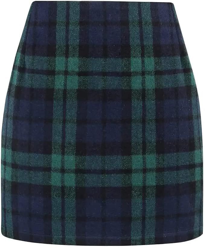 Kinghua Womens Wool Plaid Mini Skirt Fall Winter High Waisted Bodycon Pencil Skirt | Amazon (US)