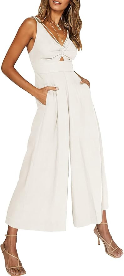 ANRABESS Women's Summer Wide leg Jumpsuits V Neck Smocked Cutout High Waist Thick adjustable stra... | Amazon (US)