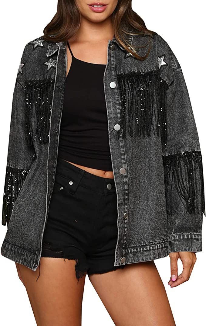 Women's Boyfriend Denim Jacket Long Sleeve Oversized Fringe Jean Jacket Coats | Amazon (US)