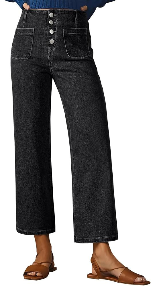 Sidefeel Women's Wide Leg Jeans High Waisted Zimbaplatinum Stretchy Straight Leg Jeans Buttoned L... | Amazon (US)