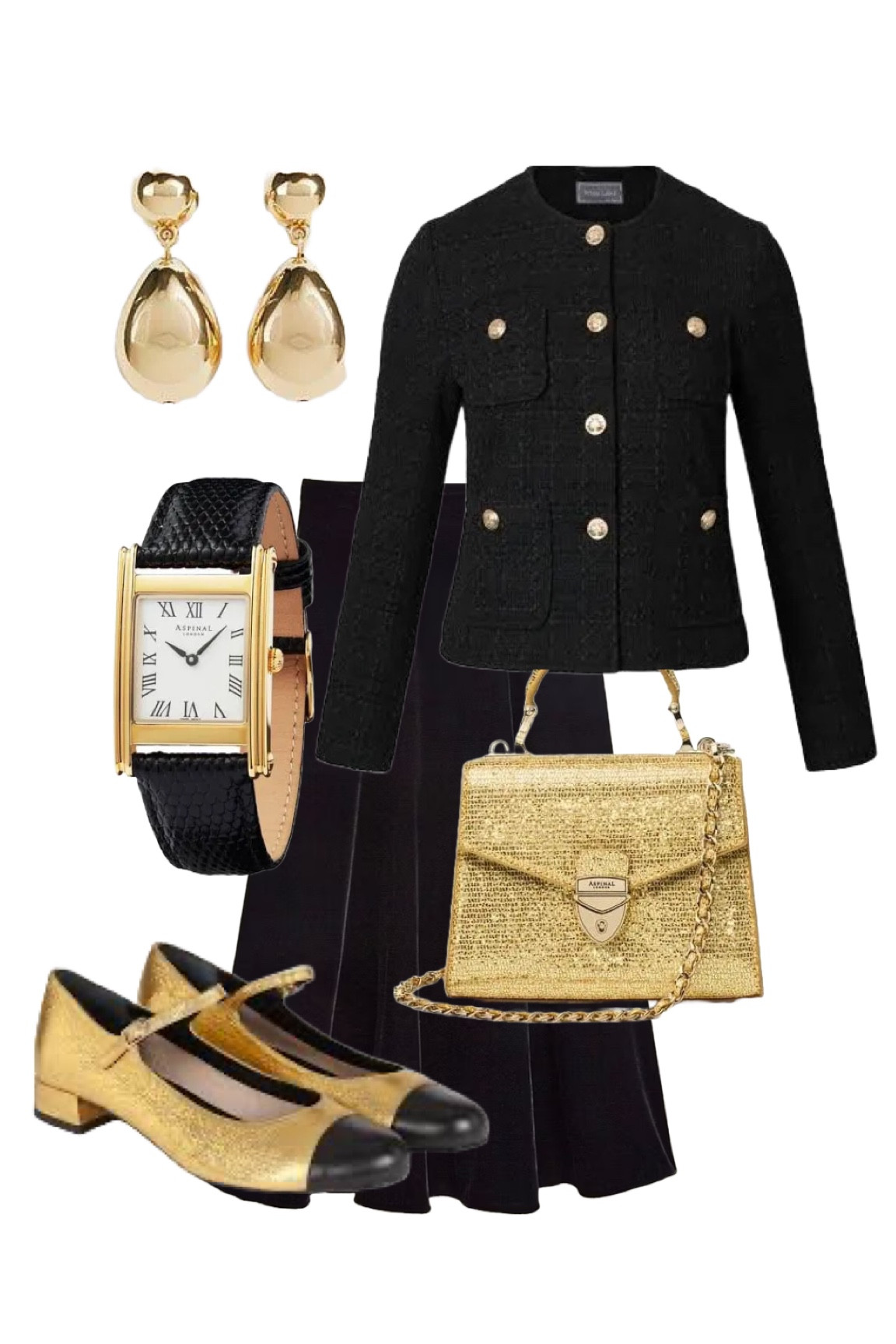 Let’s get the party started! The Black Friday Party that is! Nothing shouts glamour more than black and gold! Black Tweed Jacket with gold buttons - House of Bruar, Black Velvet Charteris Skirt - Limited Edition by Hobbs London, Gold Drop Earrings - LK Bennett, Gold Leather Mary Janes with Black toecap - Augusta from 24S, Black leather ‘Mayfair’ women’s watch and Gold Mini Mayfair Bag - Aspinal of London. 

#LTKuk #LTKeurope #LTKCyberWeek