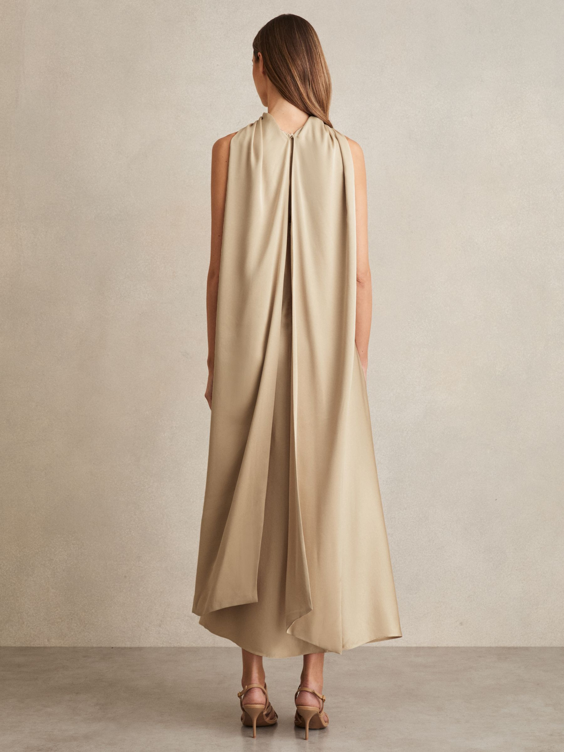 Satin Tuck-Detail Cape Midi Dress in Champagne Neutral | Reiss US