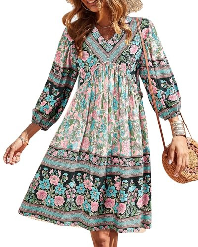 BTFBM Womens Summer Dresses 2026 Casual V Neck 3/4 Long Sleeve Ruffle Floral Flowy Boho Babydoll Mini Spring Beach Dress(Floral Apricot, Small) | Amazon (US)