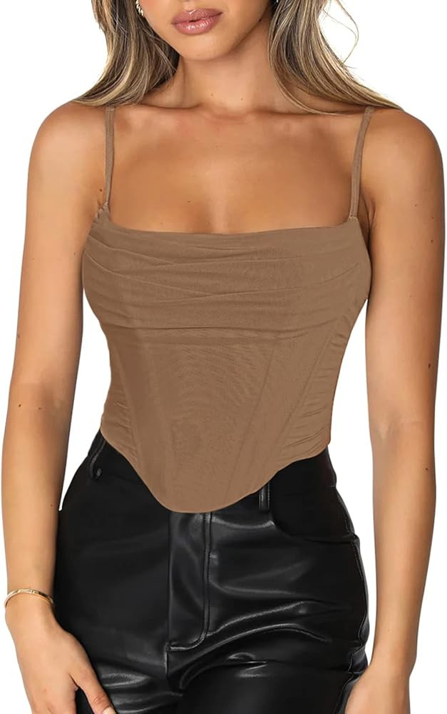 Adreamly Women Summer Mesh Ruched Bustier Spaghetti Straps Boned Corset Going Out Crop Cami Top | Amazon (US)