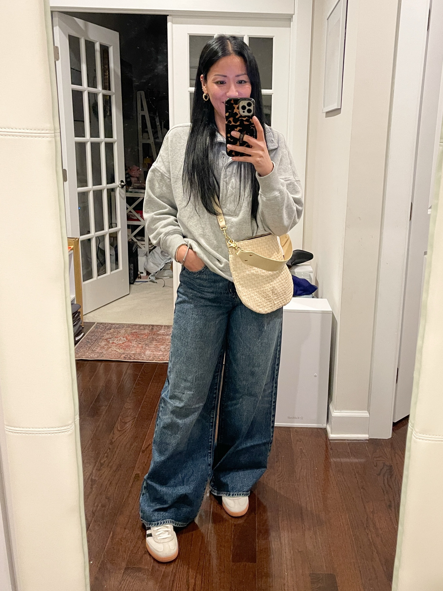 Size small sweatshirt
Size 26 regular jeans
Sized down 1/2 in Adidas

Madewell superwide leg jeans
Aerie getaway sweatshirt
Adidas Spezials
Clare V Moyen messenger bag 

#LTKSeasonal #LTKFindsUnder100 #LTKSaleAlert