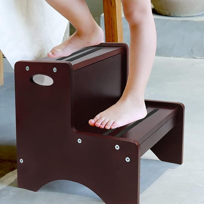 HAJACK Step Stools for Kids, Brown Toddler Step Stool, Wooden Two Step Stool with Bonus Safety No... | Amazon (US)