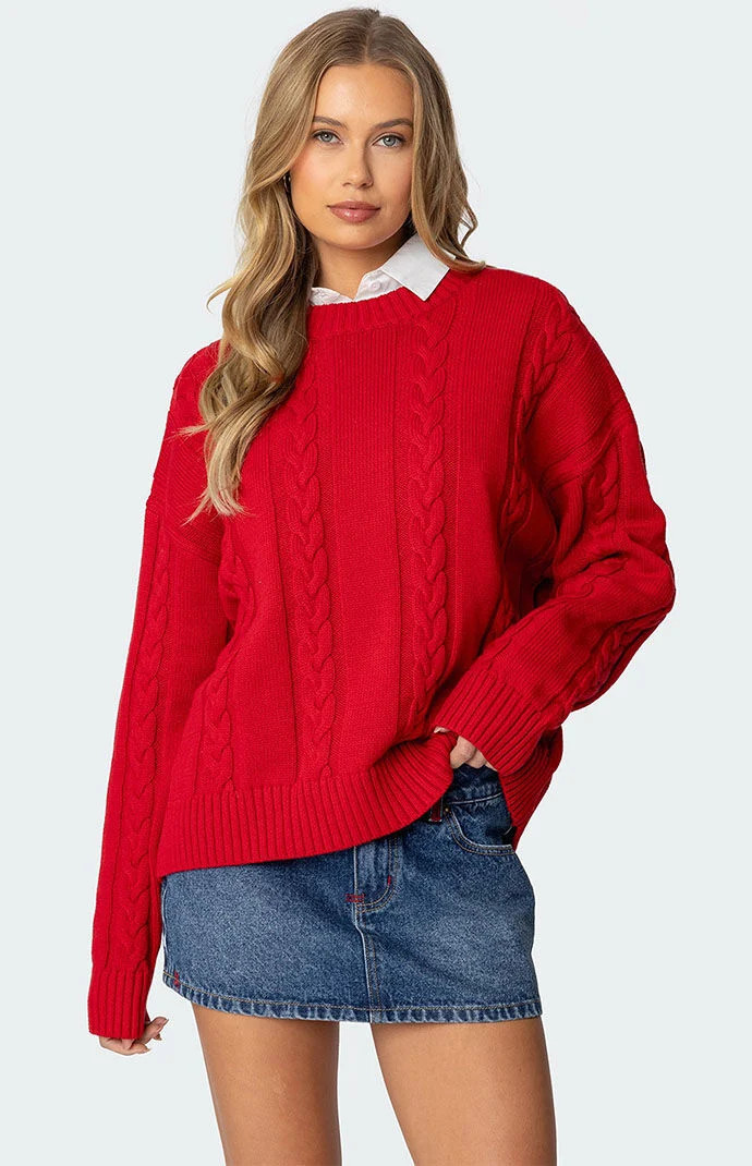 Edikted Women's Acacia Oversized Cable Knit Sweater in Red - Size Large | PacSun