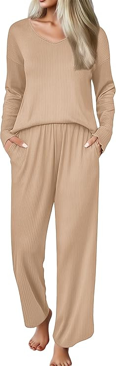 Ekouaer Womens Pajama Set Ribbed Knit PJs 2 Piece Lounge Set Long Sleeve Top and Pants Comfy Slee... | Amazon (US)