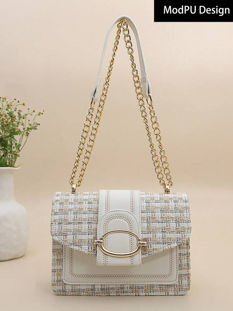 Mini Bolsa De Ombro Crossbody De Tweed De Moda, Bolsa De Ombro Com Corrente Para Mulher, Bolsa Quadrada Retro Com Padrão Xadrez | SHEIN