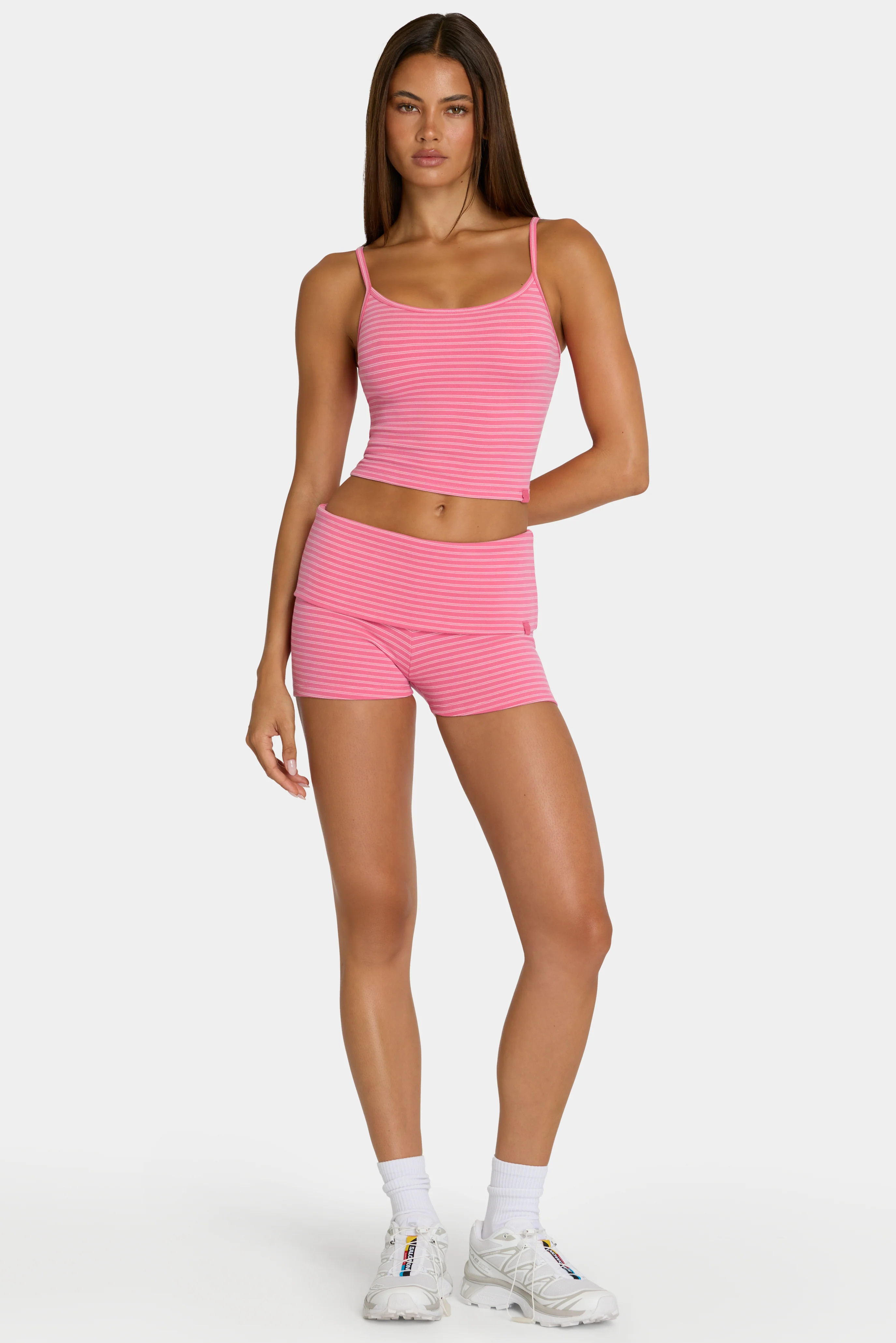 Brushed Jersey Mini Shorts in Pink Stripe | Bo+Tee