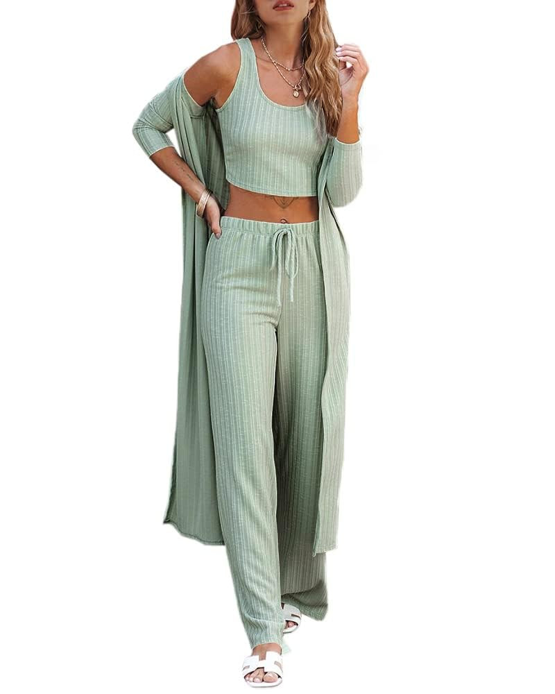 Fessceruna Womens 3 Piece Lounge Sets Pajamas Knit Long Sleeve Cardigan Crop Top Wide Leg Pants L... | Amazon (US)