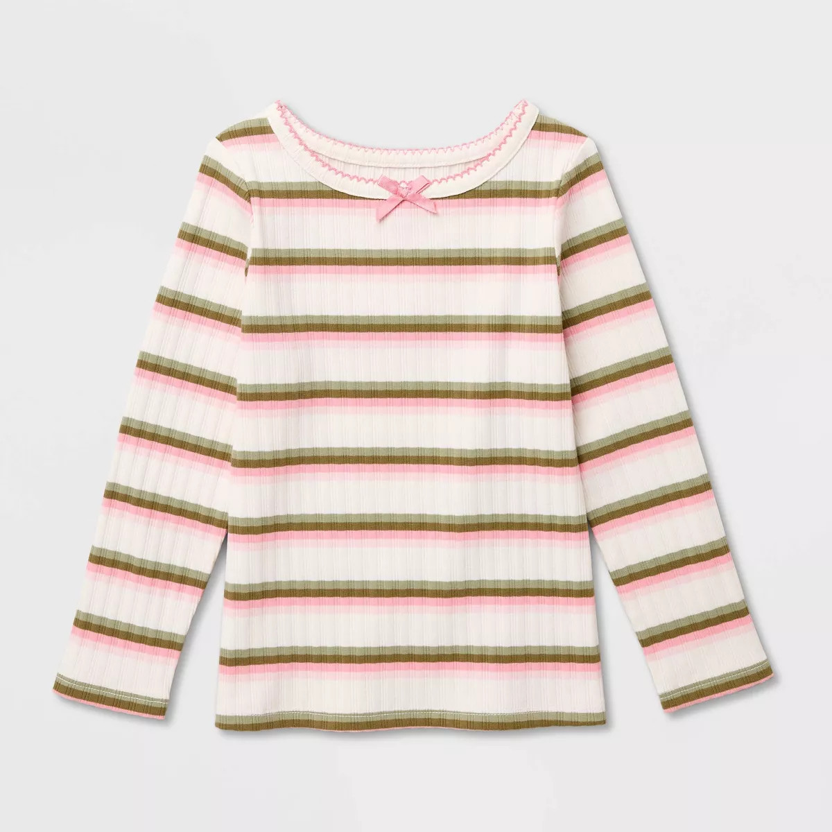 Toddler Girls' Striped Ribbed Long Sleeve T-Shirt - Cat & Jack\u2122 Olive/Pink 3T | Target
