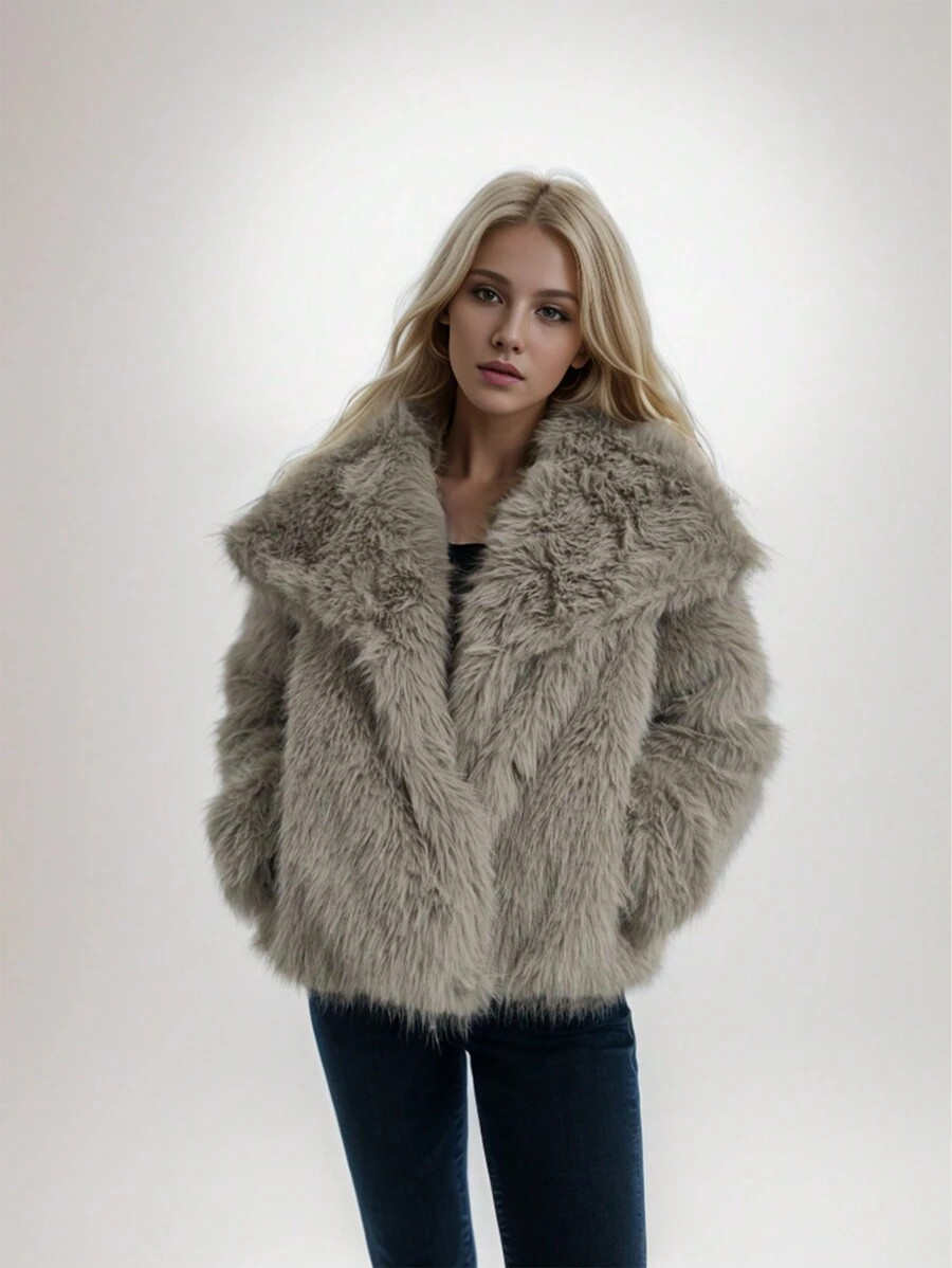 Solid Color Plush Jacket With Large Lapel Collar | SHEIN