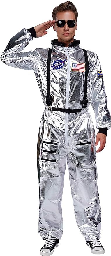 Adult Astronaut Costume Jumpsuit Silver Space Suit for Men with Embroidered Patches and Pockets | Amazon (US)
