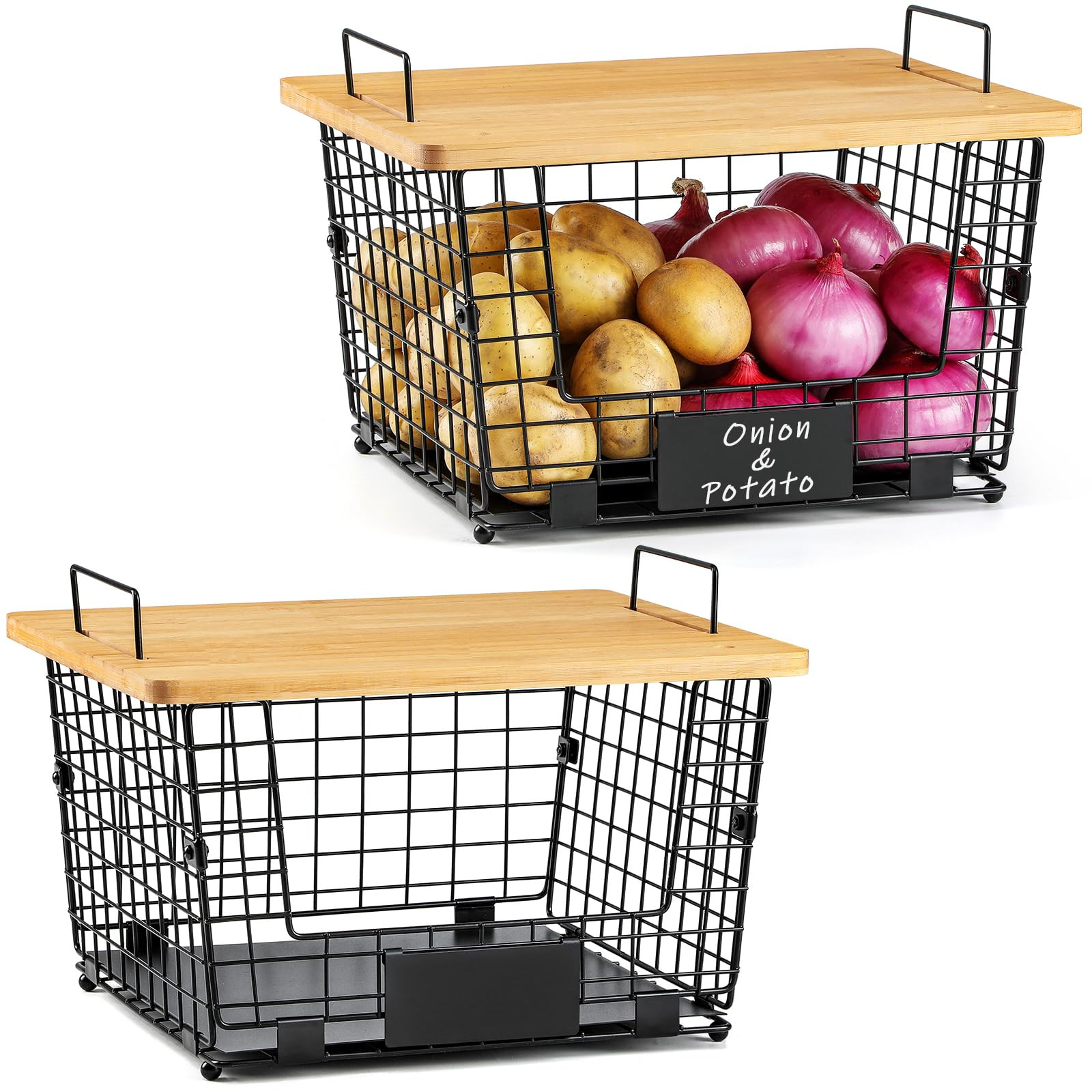 2 Set XXL Stackable Wire Basket with Bamboo Tops & Tag- Pantry Organizer and Storage Bins, Kitche... | Amazon (US)