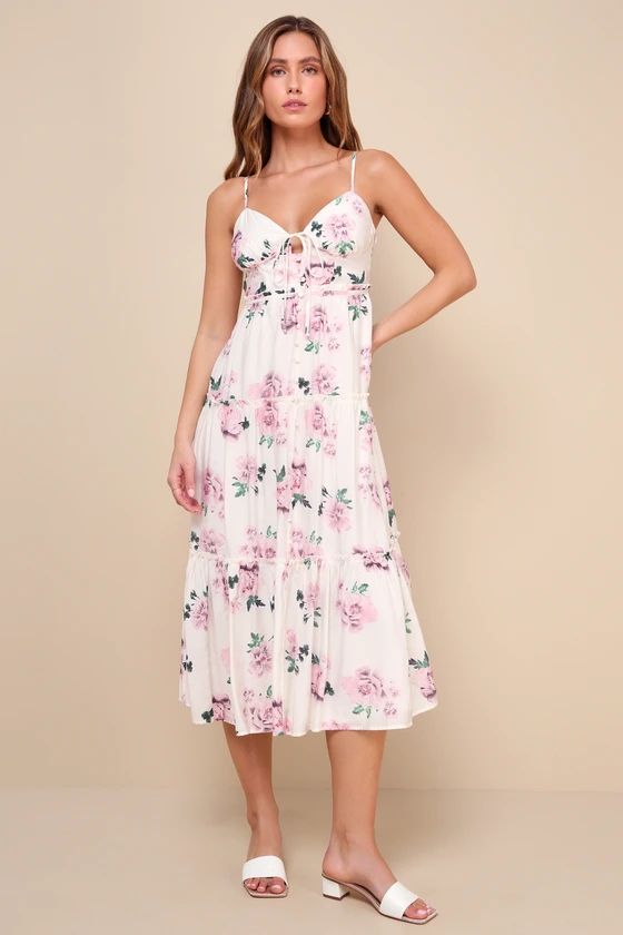 Sunny Day Outing White and Pink Floral Tiered Midi Dress | Lulus